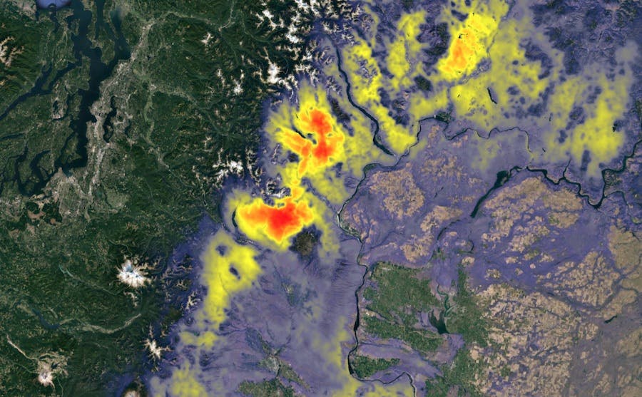 Satellite image showing heat from wildfires.
